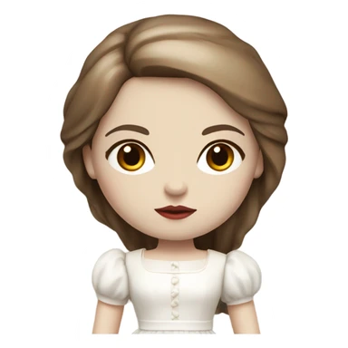 Doll with brown straight hair, wearing a white dress with red details and a serious expression. She has pale skin and a classic porcelain doll appearance. sticker