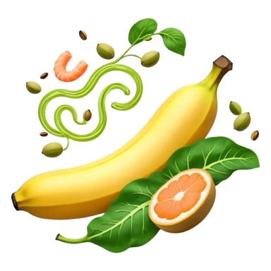 Golden banana, bright green spinach, salmon, kiwi, pistachios, and orange juice floating around a glowing nervous system and heart. Electrical waves connect these potassium-rich foods to nerves, heart and muscles, showing how they support electrical stability in the body. sticker