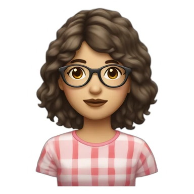 Brunette girl with circle glasses and mullet long hair and a strawberry sticker