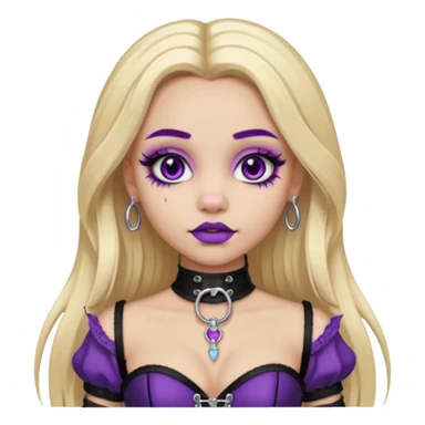Ai light skin girl , who has straight long length blonde hair with heavy purple streaks , hazel eyes , and doll like makeup , with a septum piercing, in a black corset emoji sticker