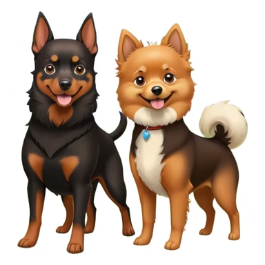 Doberman Pinscher and Pomeranian Spitz standing side by side. The Doberman has a sleek black and tan coat with alert ears, while the Pomeranian has a fluffy orange coat and a joyful expression. Beautiful natural background, with a clear blue sky and green grass. Transparent background. sticker