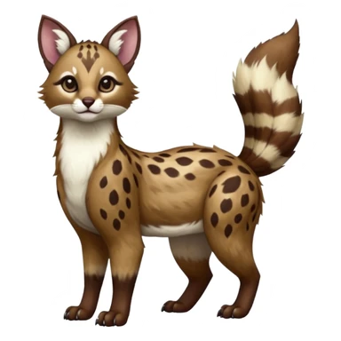 Colorful dark realistic chocolate-brown tropical beige fur glorious divine exotic cute cool beautiful shiny beautiful fantasy-Furret-Eevee-caracal-civet-genet-sergal-vernid-Cacomistle-oncilla-animal-Fakémon-hybrid-fursona with white deer-spots pattern markings (full body) sticker