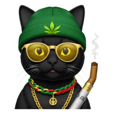 A black cat wearing the deal with it shades and a rasta beanie and smoking a joint and wearing a gold chain that says 420 and the words High Time at the top of the image sticker