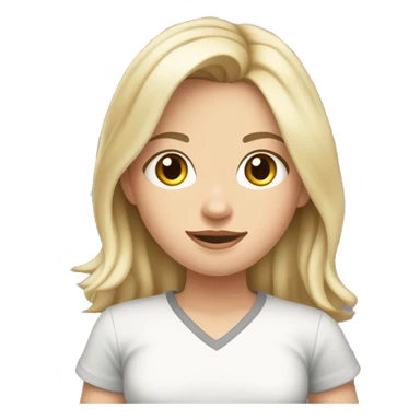 Blonde girl with medium hair length and dark brown eyes white skin wearing a grey shirt with cat pattern pants and medium height  sticker