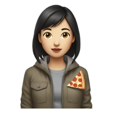 a girl of Asian appearance with short dark hair with a jacket that says: London street, eating pizza  sticker