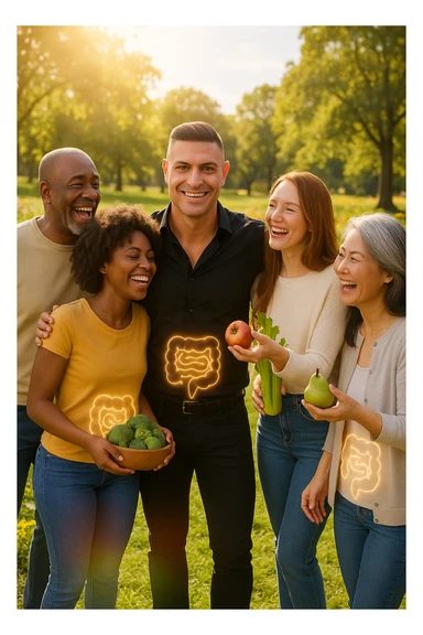  a smiling man stands at the center of a group of diverse, happy people in a bright park. Everyone has a subtle, glowing outline around their abdominal area, symbolizing a healthy gut. The group is laughing, sharing fresh fruits and vegetables, and the atmosphere is vibrant and full of energy. sticker