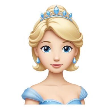 Cinematic Elegant Cinderella Portrait Emoji, rendered in a flat, vector-style with minimal shading and bold, simplified shapes. Depict Cinderella in her classic ball gown (chest and above) with fair, porcelain skin and elegantly styled blonde hair, her eyes soft and kind, and her expression serene and graceful. The design glows with a gentle, enchanting radiance and high shine, capturing the timeless beauty of a fairy tale princess. sticker