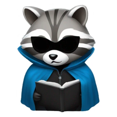 A raccoon with a blue mask over his eyes that doesn't cover the rest of his body, in a black cloak, holding a laptop and writing something on it sticker