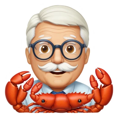 senior lobster with white hair and glasses, elderly lobster character with white eyebrows and whiskers, wearing round glasses sticker
