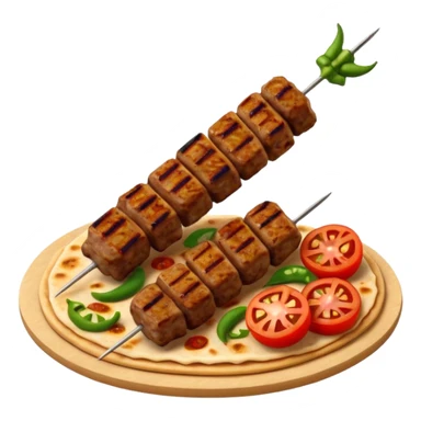 Adana kebab object icon, spicy grilled minced meat skewer, served on flatbread, grilled tomatoes and green peppers on the side, smoky char marks, juicy texture, 3D cartoon, mobile game icon style, centered, clean background, no text, no watermark
 sticker