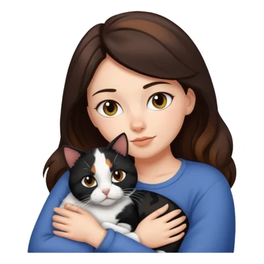 Brunette woman snuggling black brown and white calico cat sticker