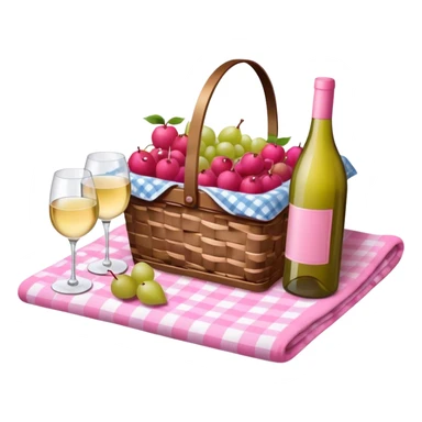 Picnic basket with pink fruit on a pink check blanket with white wine and glasses sticker