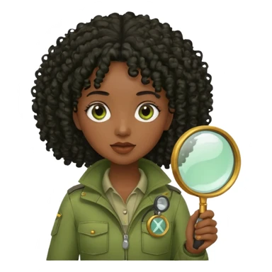 dark skin curly black haired woman in moss green explorer outfit, holding magnifying glass sticker