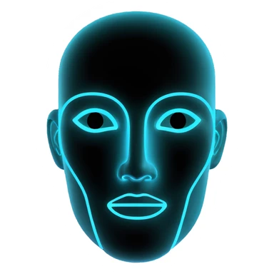 Minimalist futuristic AI avatar — clean glowing outline of a humanoid face, half-abstract with light reflections. sticker