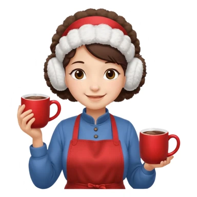 A cozy vendor with fluffy earmuffs, wearing apron handing out steaming cocoa with a warm smile. sticker