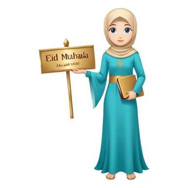 Turkish beautiful finish Konya girl blue eyes with gold hijab and islamic long tailed turquoise dress on the floor and had on her hand text Eid Mubarak  sticker