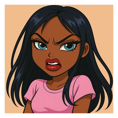 Change her expression to angry, keep her as a 20-year-old anime Bratz style woman with dark skin, dark hair, bold colorful fashion-forward look, big expressive eyes, and glossy lips. Maintain the anime Bratz style and the original look except for the angry expression. sticker