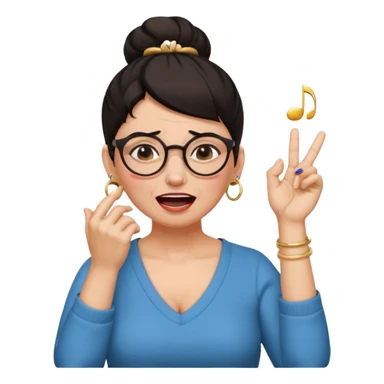  middle aged woman with dark hair pulled up in a high bun, wearing round ring earrings and glasses with a very painful expression on her face, eyes squeeed shut, wincing in pain, sticking her fingers in her ears trying to not hear a terrible singer who is too loud and out of tune.  sticker