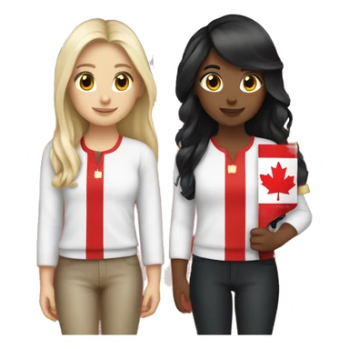 4 girls holding canada flag one brunette, one black hair and two with blonde hair  sticker