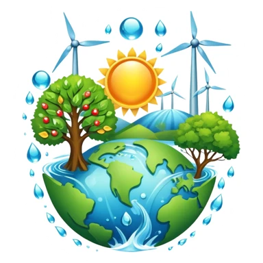 An icon featuring a green Earth, a tree, recycling symbols, and renewable energy sources like wind turbines, solar panels, and hydropower. The design includes animals, water droplets, and the sun, representing ecology, sustainable energy, and environmental protection. Transparent background. sticker
