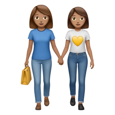 based on emoji style, two people walking together. one is brown-haired woman, wearing business casual,  Another one is a non-binary person, wearing t shirt and jeans, and the second person doesn't have anything on their hands. sticker