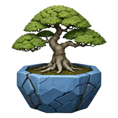 Singapore very old broken intricate Stone Age rocky-crusted dodecahedron-shaped shallow dark moss rough bark blue maple tree bonsai pot sticker