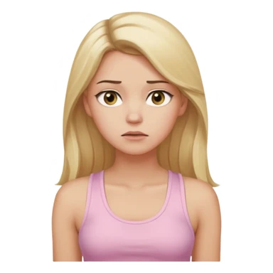 Create a young woman with long blonde hair, golden eyes, and medium-light skin tone, wearing a light pink tank top and leggings. She should be in portrait mode, but with a subtle doubting facial expression—slightly raised eyebrow, small frown, .  and her hand next to her chin like a thinker sticker