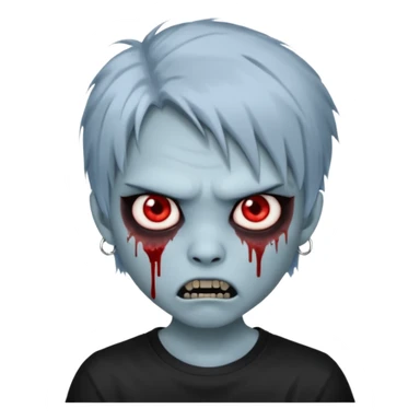 3D emoji-style avatar with very pale blue-grey zombie skin , a young Asian face, and large eyes with blood tears. Give it white litle bit messy mullet hair style , silver hoop earrings, and a plain black T-shirt. The face expression should be slightly angry, with vampire fang sticker