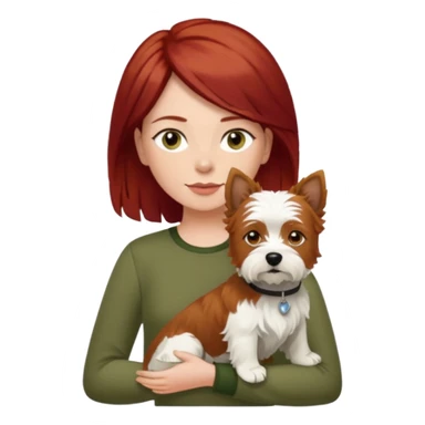 Westhighland white terrier dog being held by woman with dark shoulder length red hair and hazel eye wearing olive green top sticker