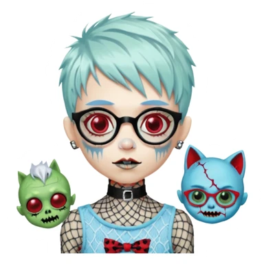 White hair, Ghoulia yelps monster high doll in scene/emo style cherry print dress with fishnet sleeves, clothes, thin, small, red, rectangle glasses, pale white-blue skin, pale-green shaggy pixie-cut , zombie scars , boy, punk choker sticker