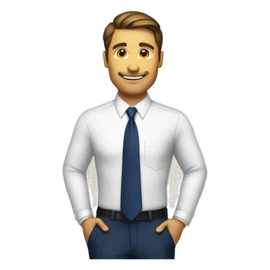 A man with white shirt navy blue tie raising a board sticker