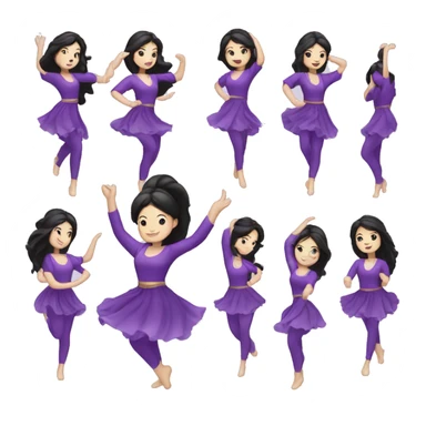  illustrated logo, kawai woman, white woman dancing, long black hair, bright eyes, purple clothing, white skin sticker