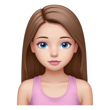 Create a TEENAGE girl with LONG and straight light brunette hair with a middle part, light skin, light freckles, and blue-gray eyes. She will have pink lips and LONG eyelashes. She will be wearing a light pink tank top sticker