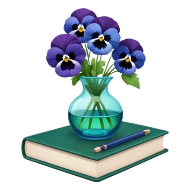 Aesthetically arranged books in dark green and next to them a bouquet of blue pansies in a light green glass vase sticker
