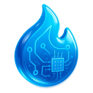 stylized blue flame, glowing, glossy circuit board details sticker