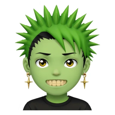 green zombie boy with spiky black emo hair and a black shirt with piercings and gold grilzz  sticker