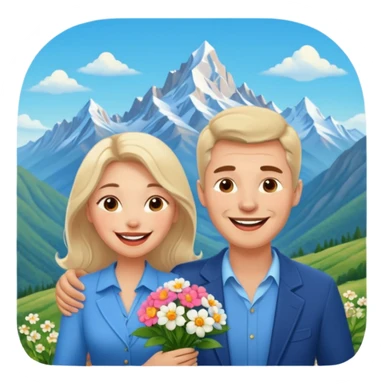 Couple  laughing traveling russian man and elegant  Latina girl delicate flowers and mountains in the background  sticker