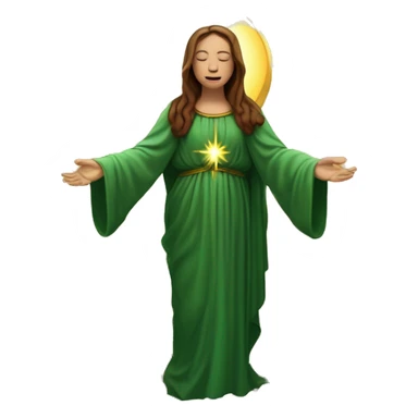 Virgin Mary: kind face looking down at the left, long brown hair, Wearing an emerald green  robe with gold stars and a burgundy red dress,  Hands in prayer or blessing. Halo around her head. standing in front of a big sun. colorful roses on the sides  sticker