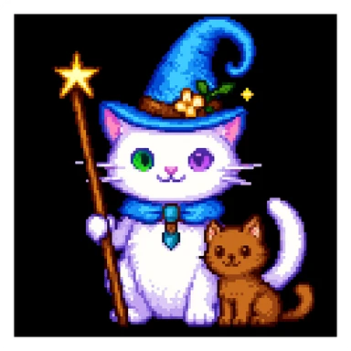 A cat wizard with a pointy hat and a magic wand with a cat companion, pixel art style. sticker