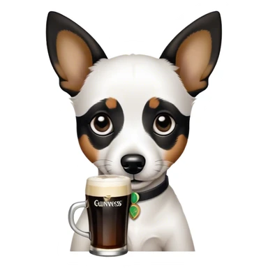 Black and white Jack russle puppy. Black pointy floppy ears. Black circles around eyes. Drinking a Guinness beer. The dog does not have brown hair sticker