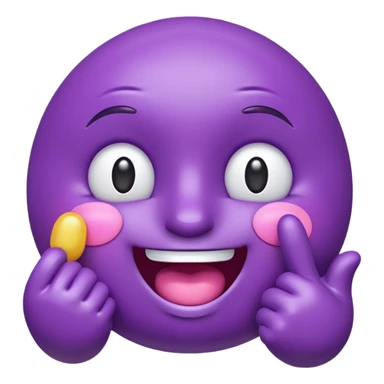 "A glossy 3D purple emoji character with shiny, reflective surface, puffed cheeks as if holding in laughter, eyes squinting mischievously, white cartoon hands — one covering its mouth and the other pointing upward with the index finger. Cute, exaggerated facial expression, smooth rounded shape,  sticker