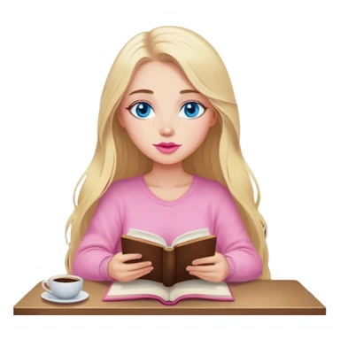 Cinematic realistic blonde with long hair, blue eyes, pink lips, sitting in a cozy atmosphere, reading a book, coffee is on the table next to her sticker