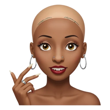 Grown black (proud) woman, bald with a perfect head, a prominent nose with a septum piercing, many piercings on her ears, a gap between her front teeth and very long nails (cynthia erivo) a proud lesbian, with long lashes and her finger tapping the top of her head sticker