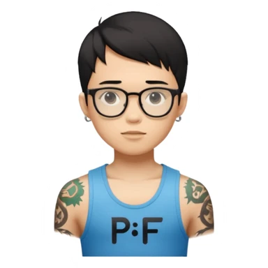 A young boy with A macbook laptop, black straight short hair, wearing glasses, wearing a tanktop, has tattoos, he is asian

Add the letters "P I F" floating around sticker