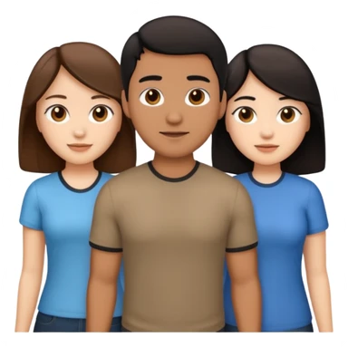 three people, one white girl with brown hair, one hispanic man with dark hair, and one tan asian woman with black hair, as a poly couple emoji sticker