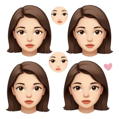 Create a set of stickers featuring a young woman (approximately 18–25 years old) with the following details:
 • Facial Features:
 • Light skin with subtle acne or blemishes on the cheeks and jawline.
 • Expressive eyes with delicate, defined eyeliner.
 • Medium fullness lips.
 • Hair:
 • Dark or light brown hair styled neatly (for example, pulled back or styled in a simple, tidy manner).
 • Makeup:
 • A natural and light makeup look emphasizing her eyes and lips.

The sticker set should capture a variety of emotions and expressions while maintaining a consistent and recognizable look:
 1. Cheerful smile.
 2. Joyful laugh.
 3. Playful wink.
 4. Surprised expression.
 5. Sad or disappointed look.
 6. Angry or annoyed expression.
 7. Quirky or silly facial expression.
 8. Calm and composed expression. sticker