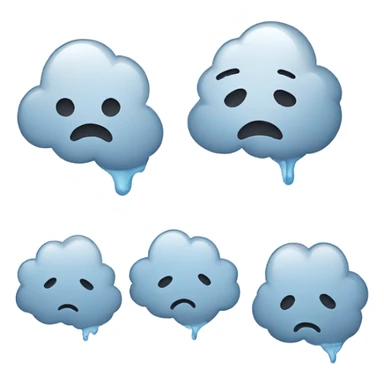 Minimalist depression-themed emoji set with a sad face, rain cloud, broken heart, teardrop, and neutral face with thought bubble in muted gray and blue tones on white. sticker