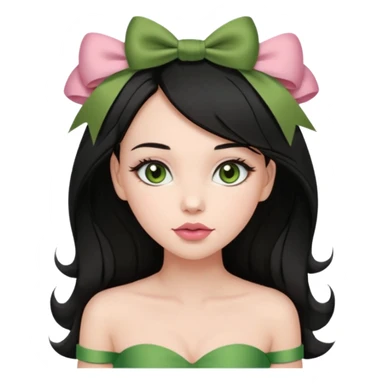 The woman has long black hair with green ribbon bows, light brown eyes, fair skin, and a heart-shaped face. She wears soft makeup, a muted rose lip, and a strapless olive green top. sticker
