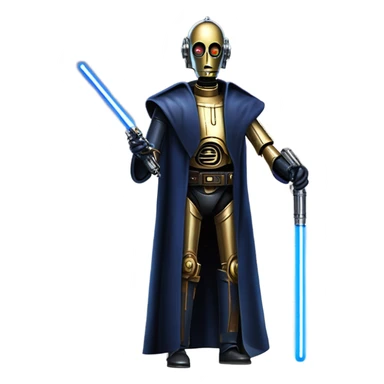well-equipped jedi first order human-sized darkblue-pearl C3po as a friendly bounty hunter droid wearing a leather attire old west duster coat holding light saber ready to fight but relaxed. antiqued sticker