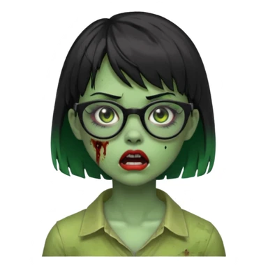 faça uma menina zumbi,da cor verde,com o cabelo curto preto até o pescoço,franja,óculos pretos,olhos escuros,boca meio aberta e alguns machucados pelo rosto sticker